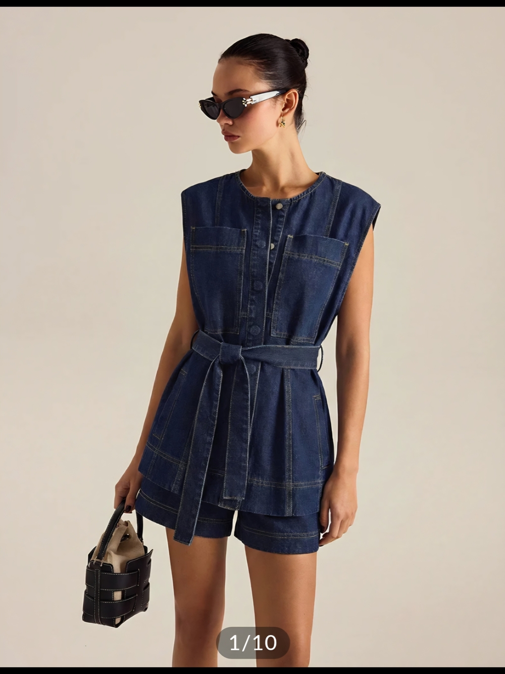 Belted Denim Sleeveless Vest & Shorts Set